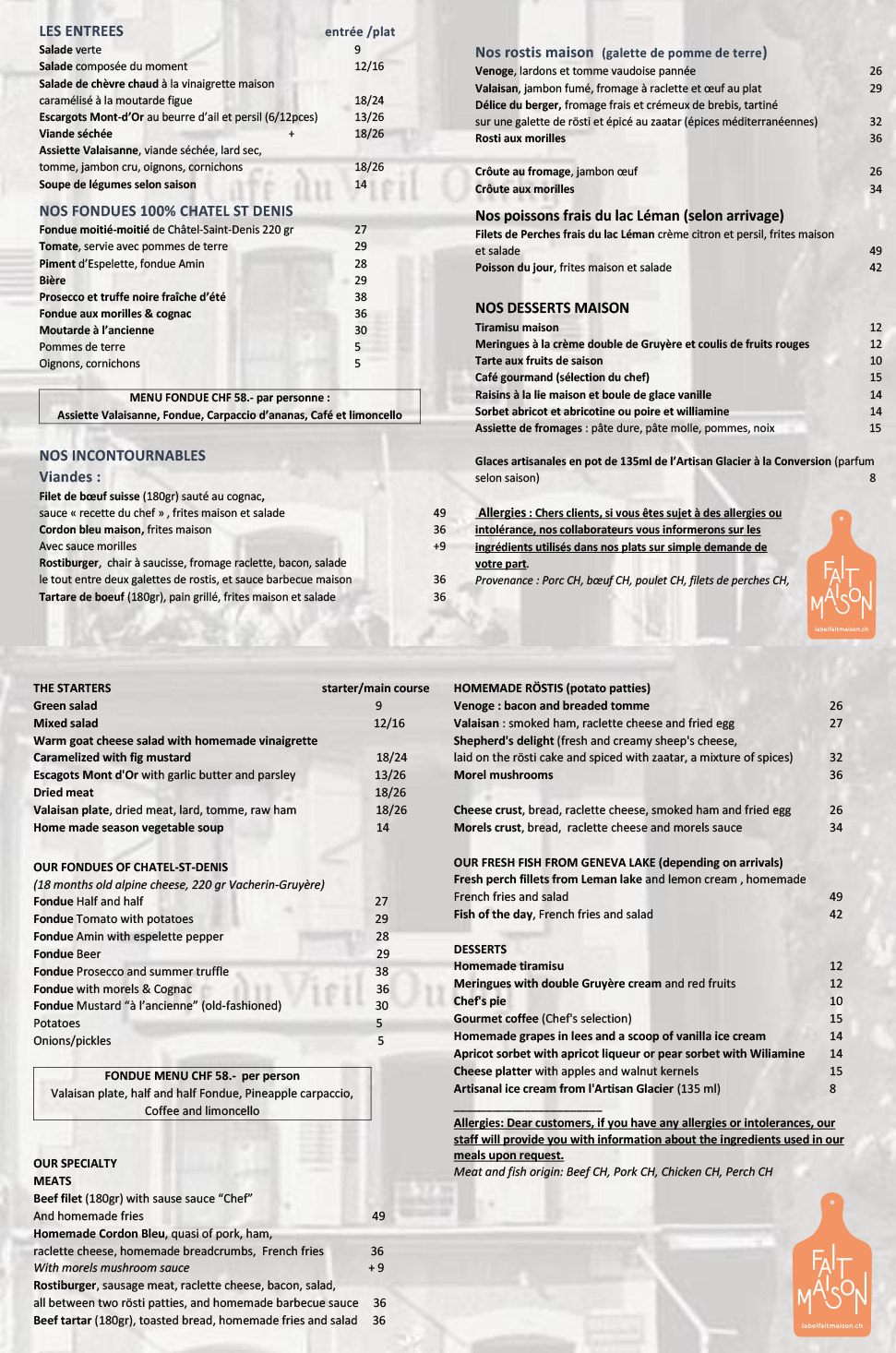 Carte d'automne 2023 du restaurant. Un restaurant au bord du lac Léman en Suisse